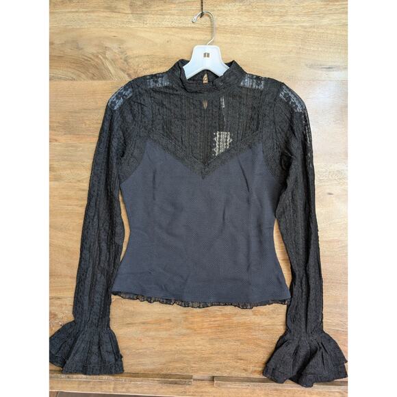 Free People Lace Blouse Top Womens Small Black Cropped Long Sleeve High Neck NWT - Picture 1 of 4